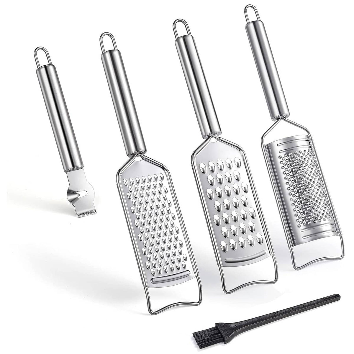 Stainless steel box grater set of 5 with curved handles and small cleaning brush