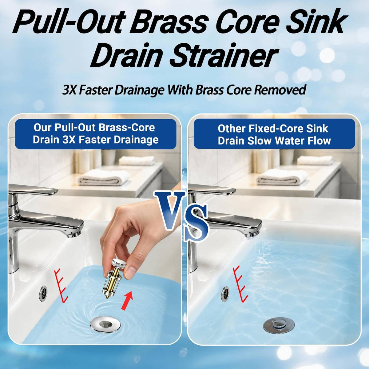 Pull-out brass-core sink drain strainer with copper-toned core and chrome cover