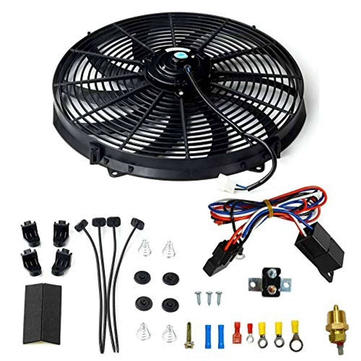 Black electric radiator cooling fan with wiring harness, connectors, and included hardware kit