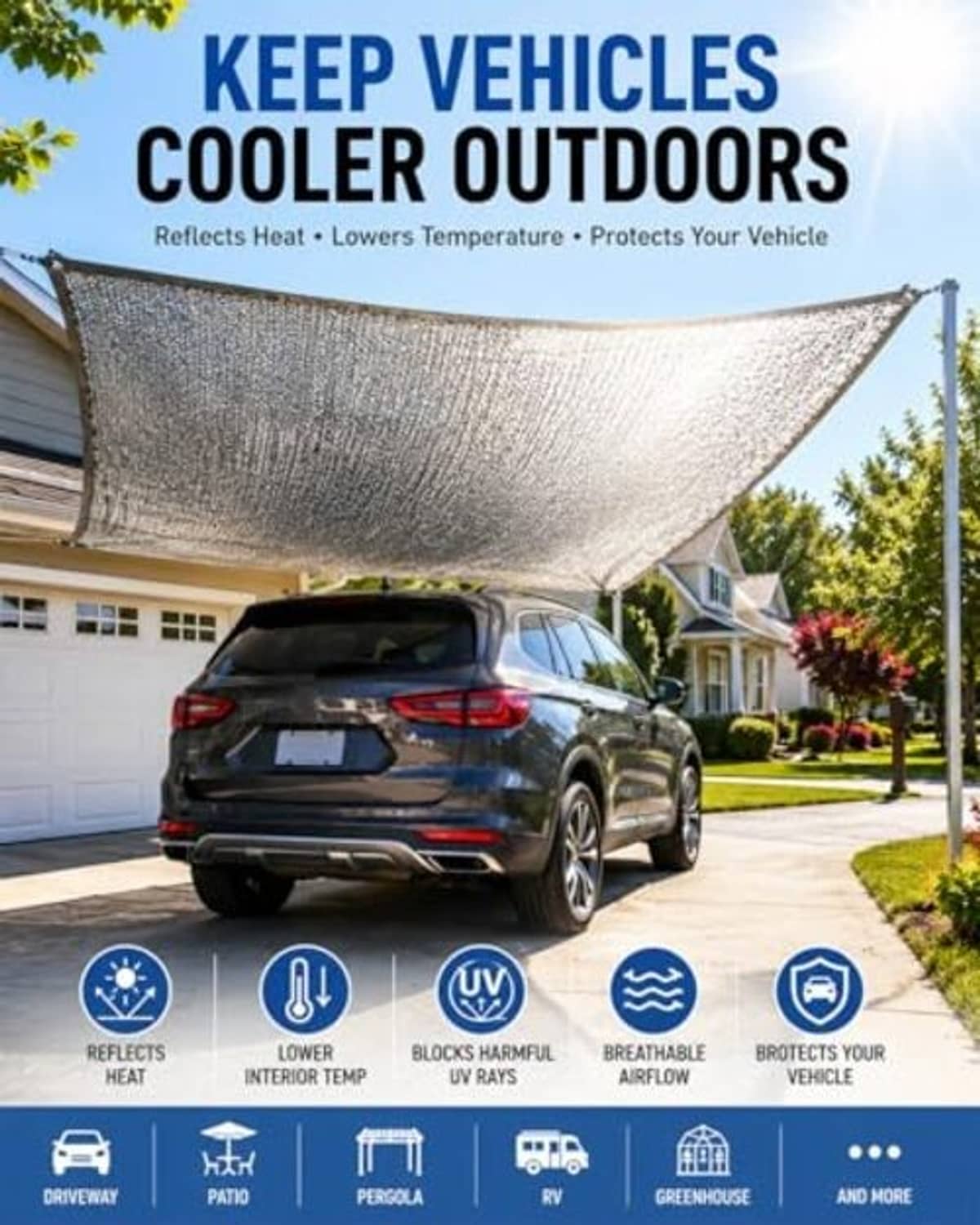 Reflective shade cloth car cover with silver mesh surface and black edge trim under support lines