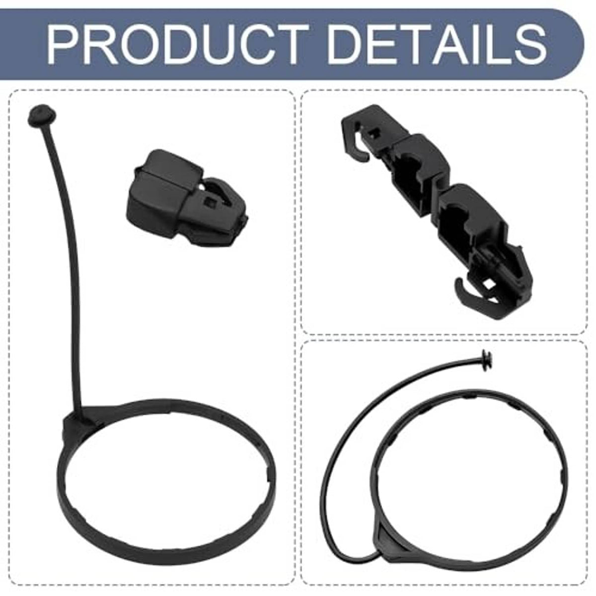 Black fuel filler cap strap holder set with long tether cord and locking clips