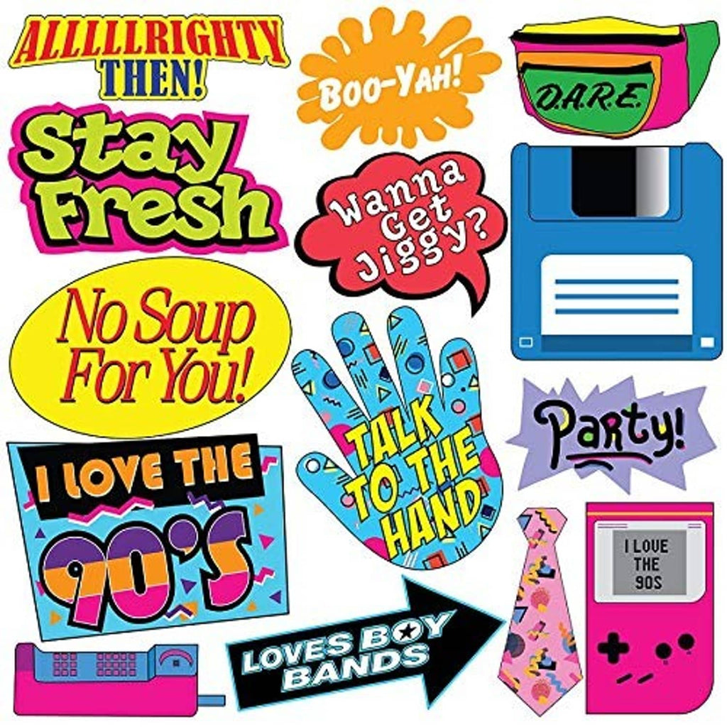 90s photo booth sticker-style props: 'Stay Fresh', 'No Soup For You!', 'Party!', and glasses
