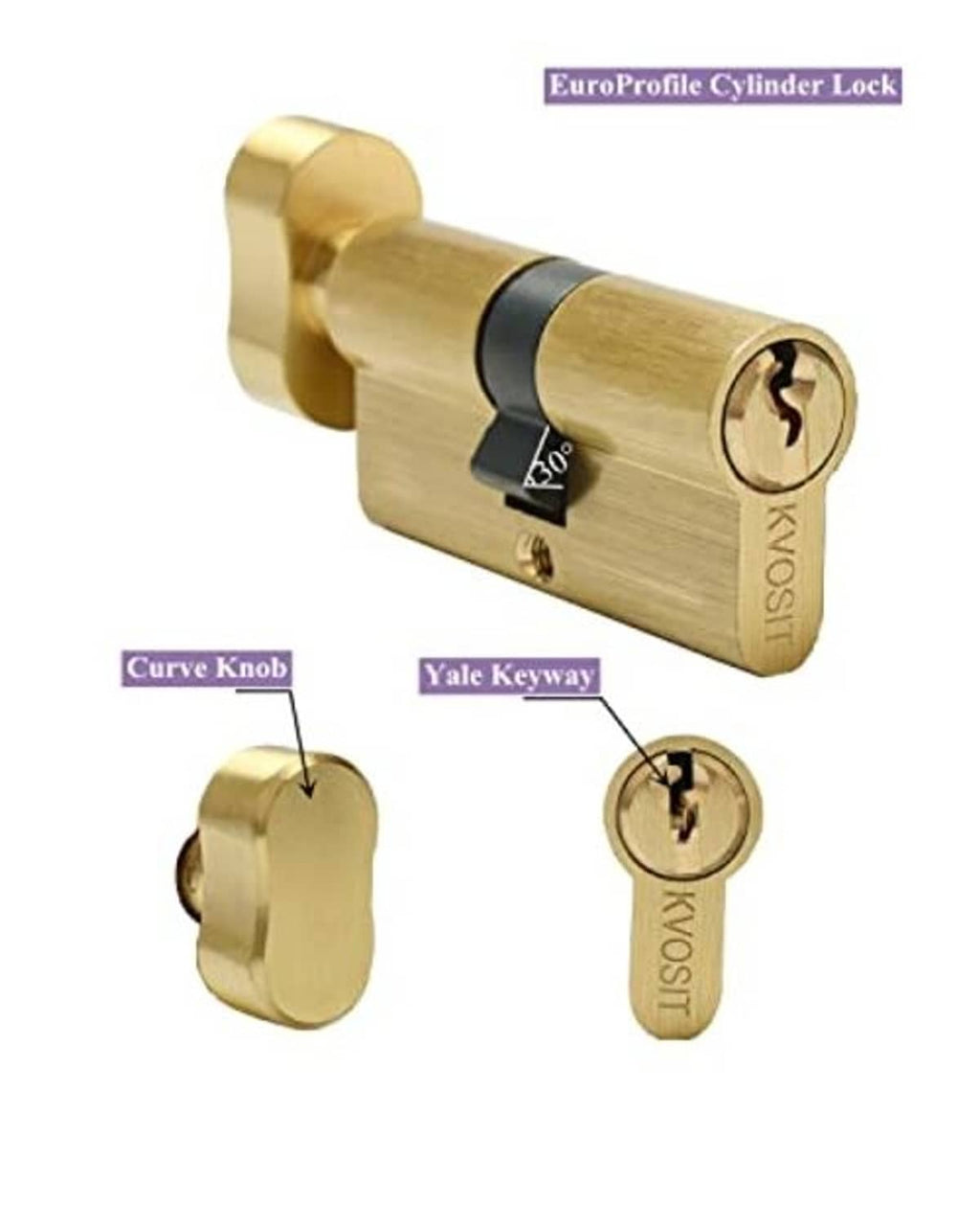 Brushed brass lock cylinder with three keys, Yale keyway style and curve knob