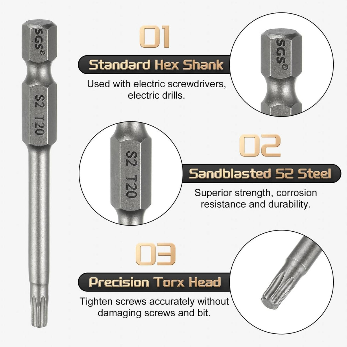 Gray Torx T20 screwdriver bit with 1/4 inch hex shank detail