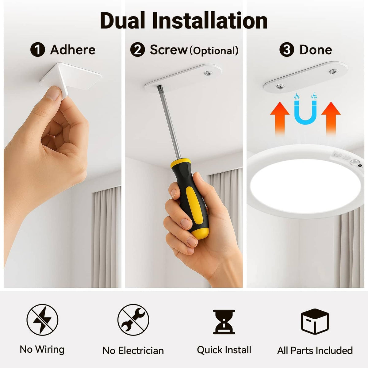 Round LED ceiling light with no-wiring install and optional screw mounting
