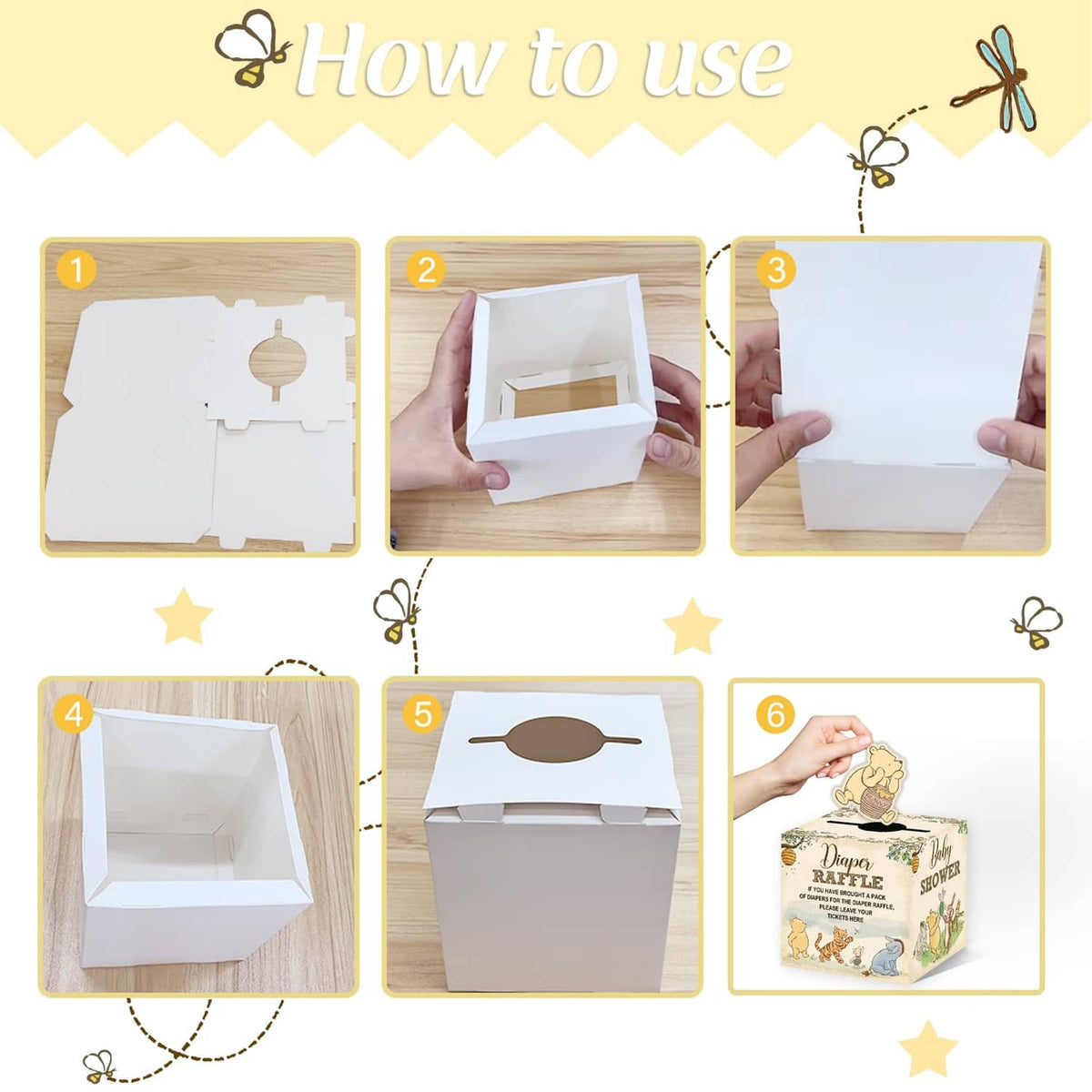 White diaper raffle box packaging pieces shown assembled and ready to use