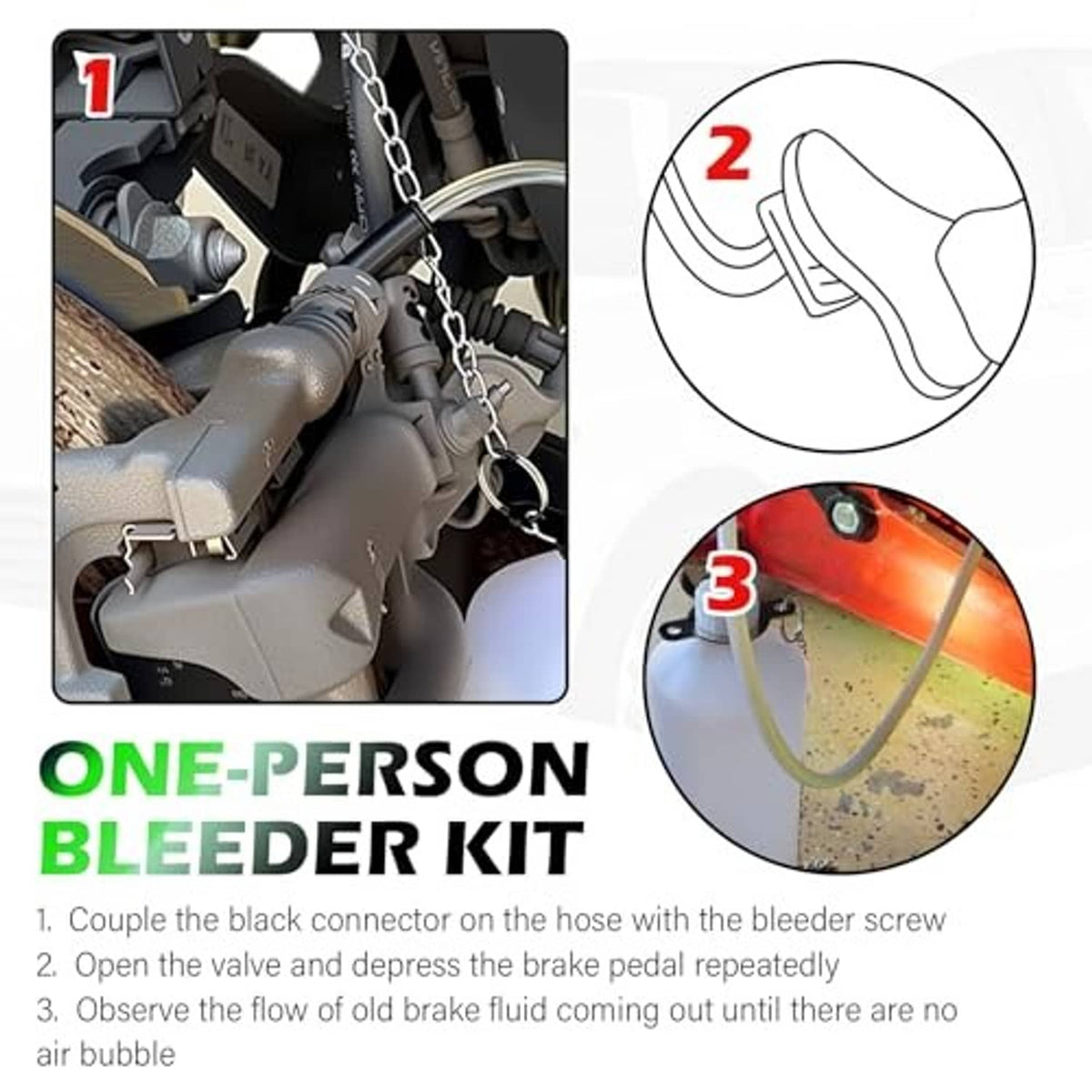 One-person brake bleeder kit with clear hose, valve, and close-up connection details