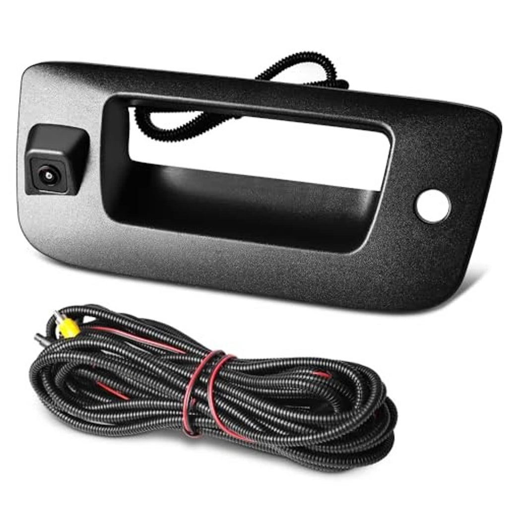 Rear tailgate backup camera handle with black housing and bundled wiring, side view