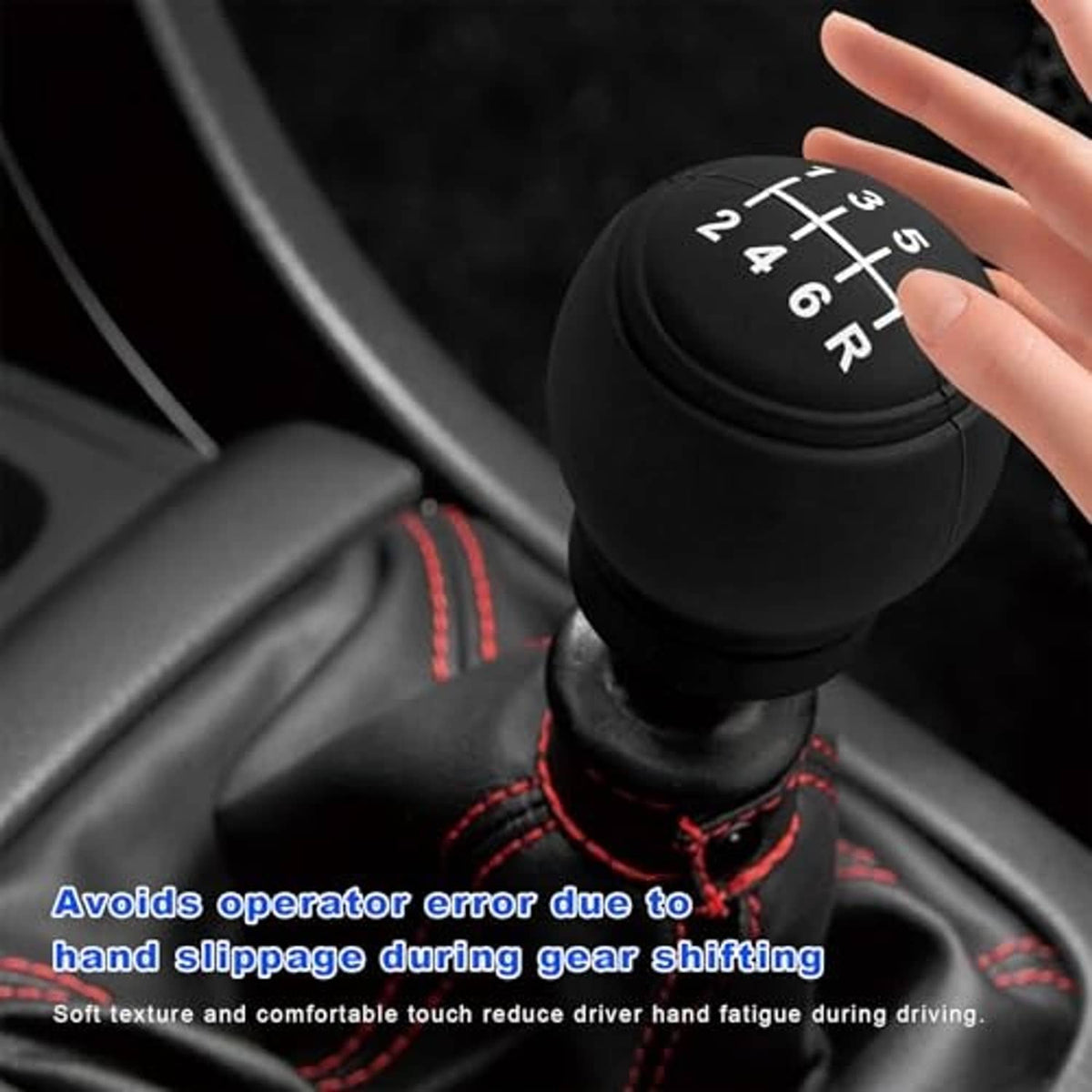 Black 6-speed gear shift knob cover on shift lever, hand reaching to grip