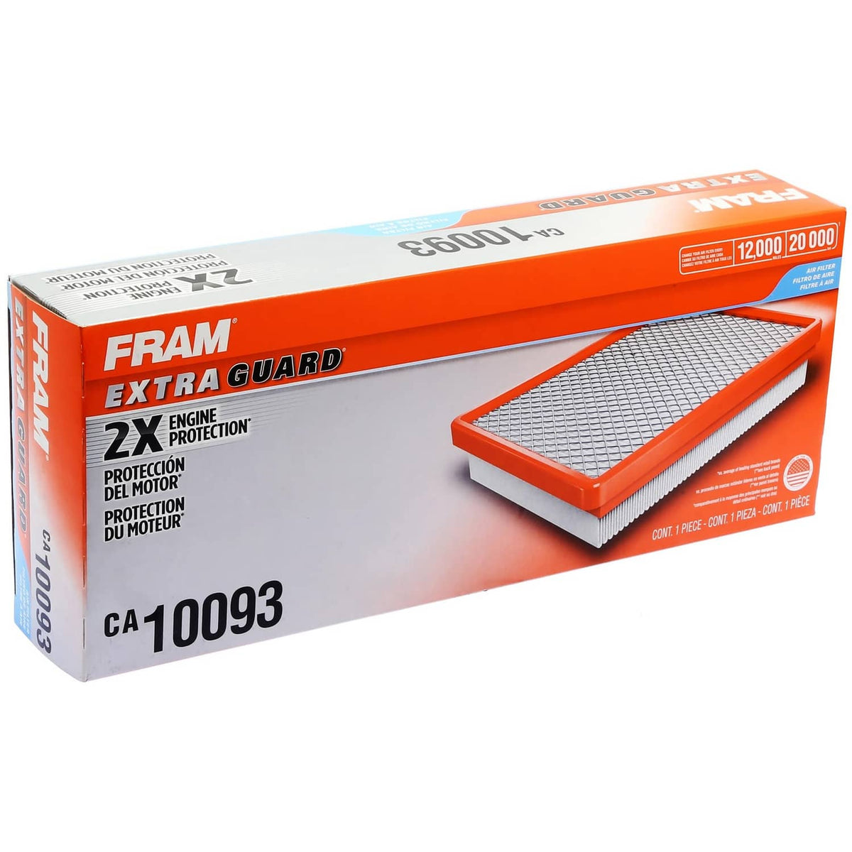 Replacement engine air filter with orange frame, pleated white paper, and CA10093 box
