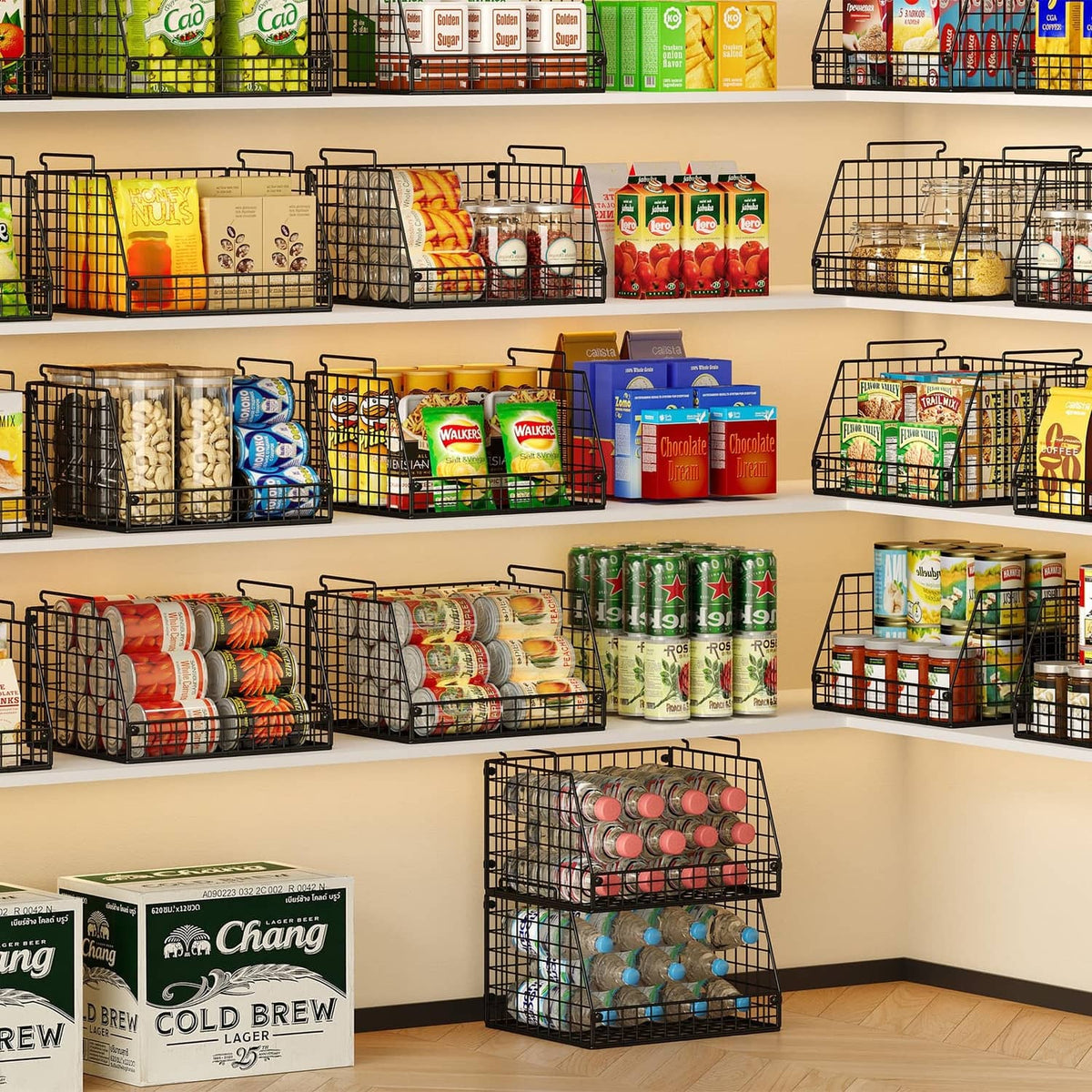 Black wire storage basket set on wall shelves with pantry packages