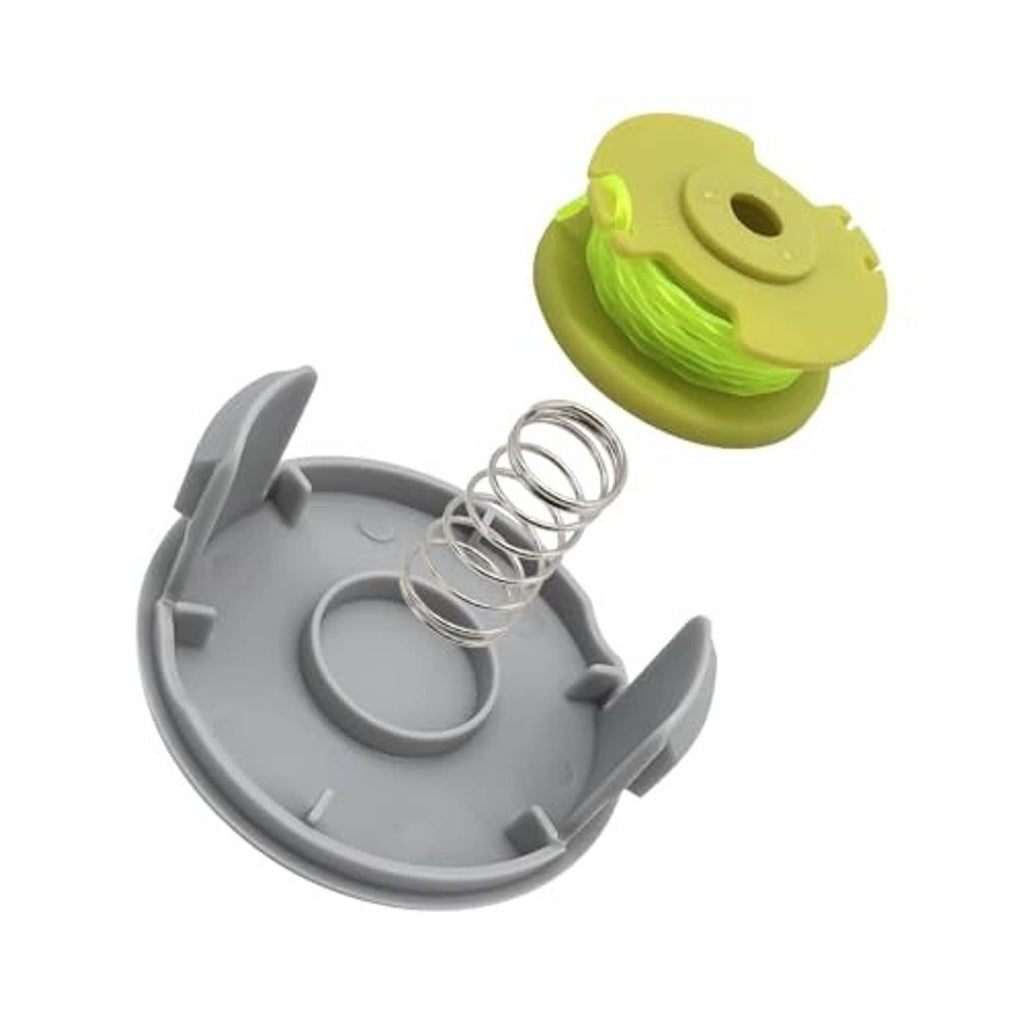 Exploded trimmer spool assembly with gray cap, green line spool, and coiled spring