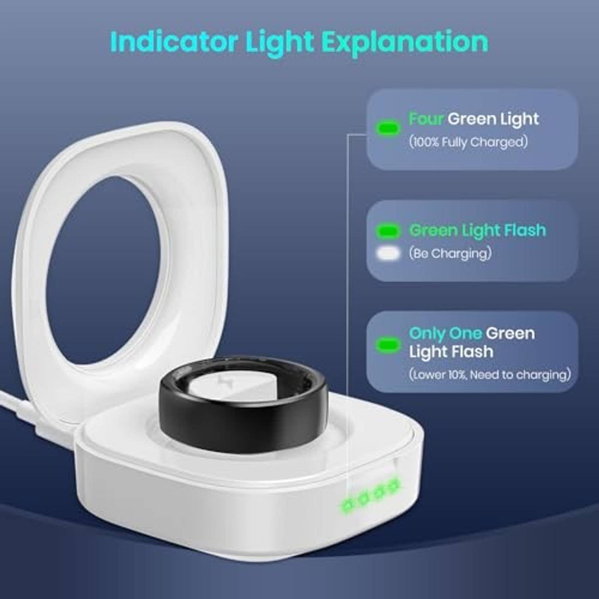 White charging case with open loop dock and green LED indicator bar
