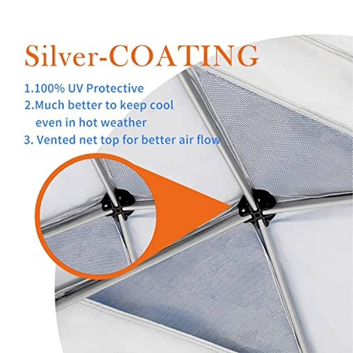 Silver-coated blue canopy top cover only for UV protection, vented net top