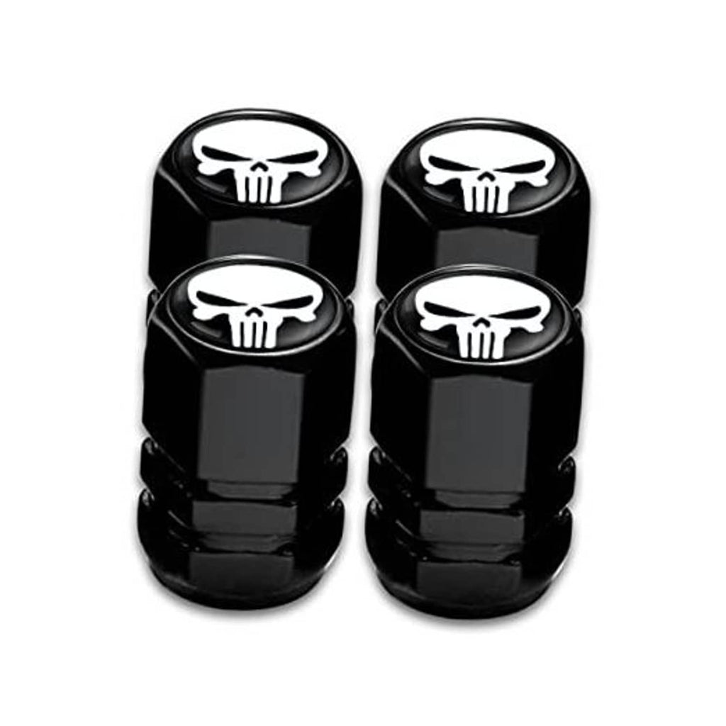 Set of four black wheel valve caps with white skull emblem, dustproof covers
