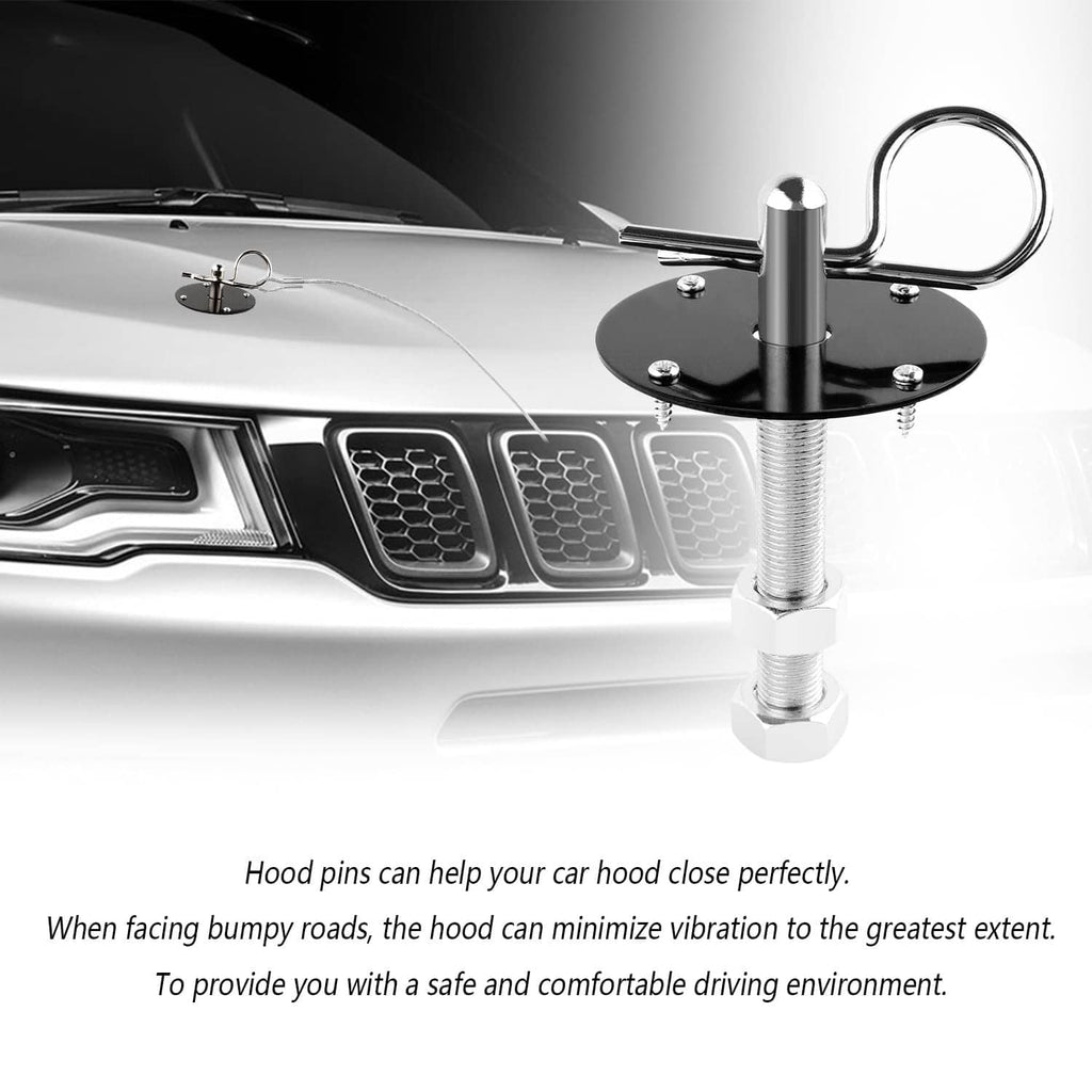 Installed hood pin kit on car hood: two black plates with stainless pins and cables