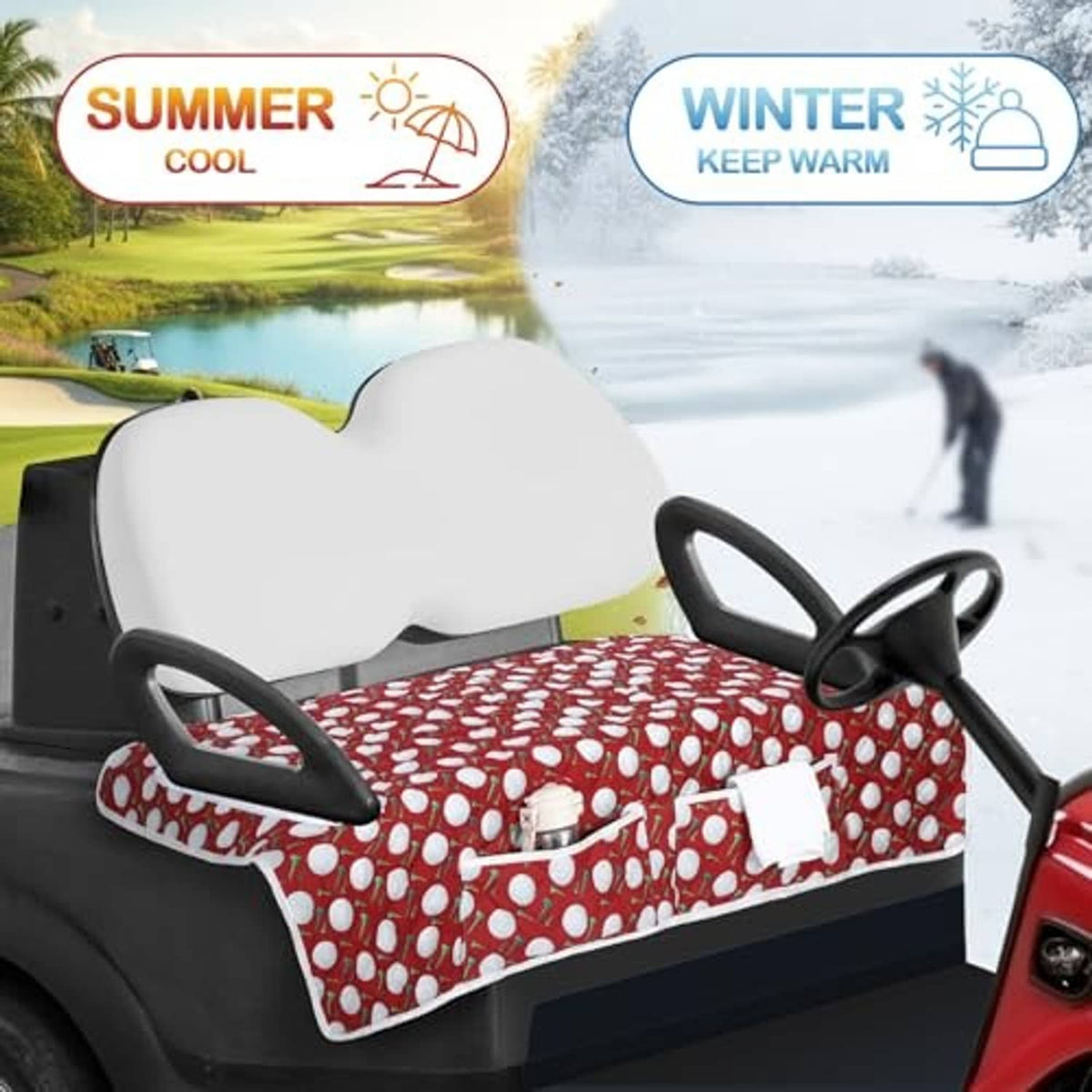Red patterned golf cart seat cover with white dots and center phone pouch on the seat