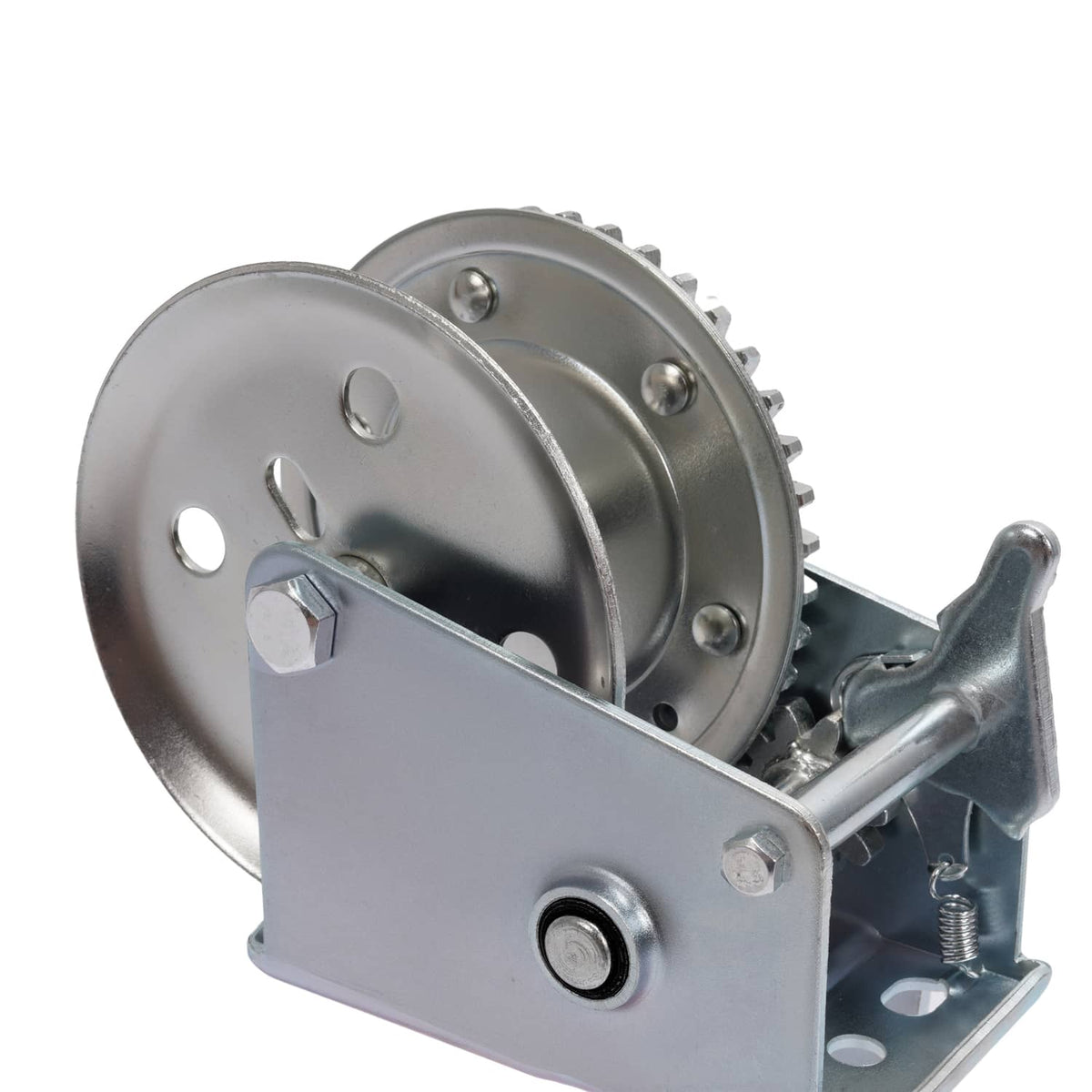 Winch assembly close-up with ratchet drum, steel side plate, and crank linkage