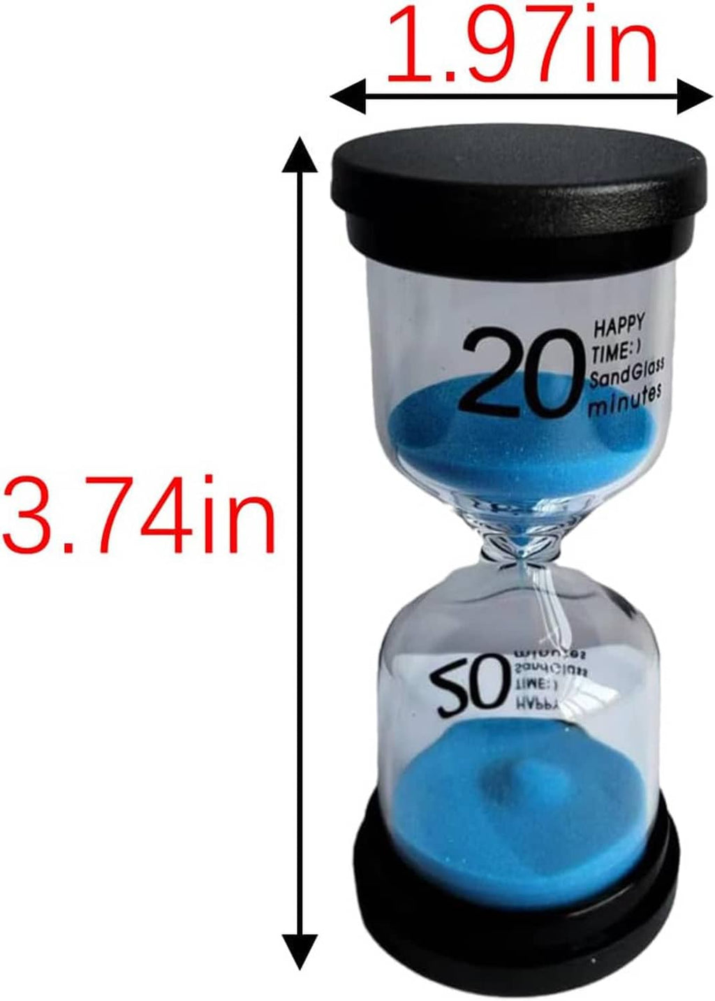 Glass hourglass with blue sand and size dimensions shown (1.97 in x 3.74 in)