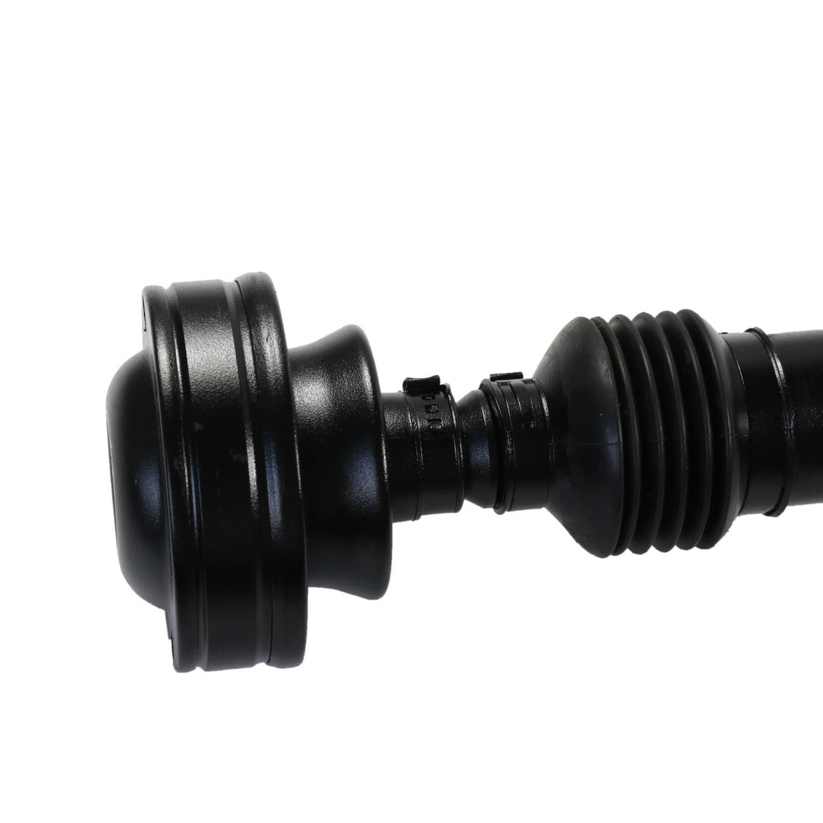 Front drive shaft propeller shaft close-up of rubber boot and joint housing, black.