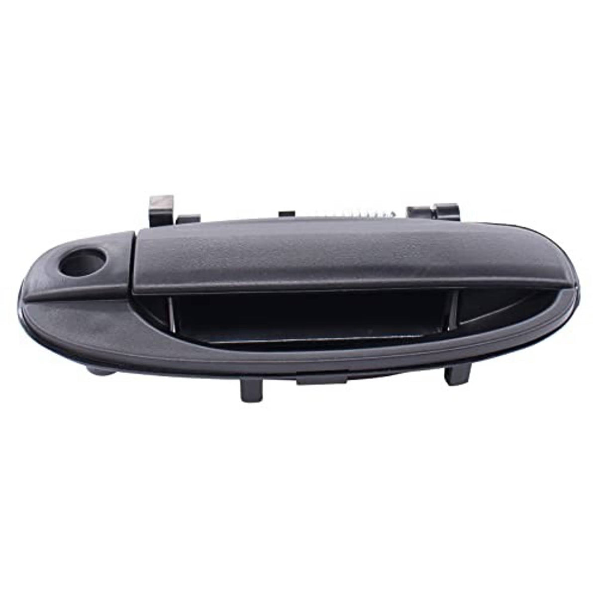 Textured matte black exterior door handle side view with inner latch channel