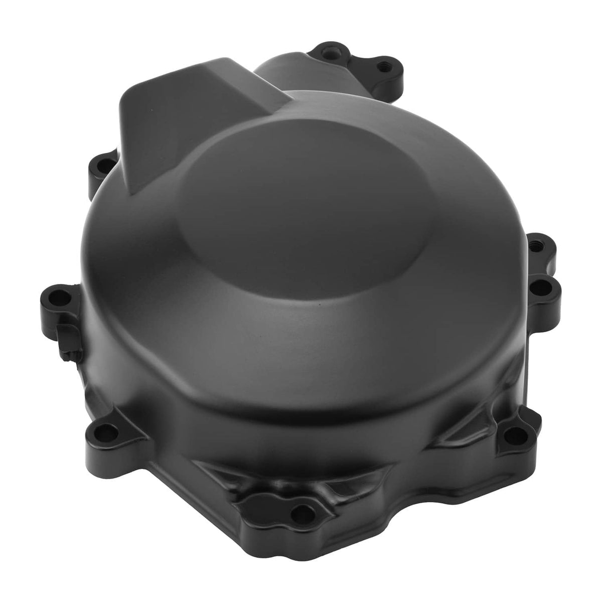 Left engine crankcase stator cover, black aluminum, with mounting bolt points