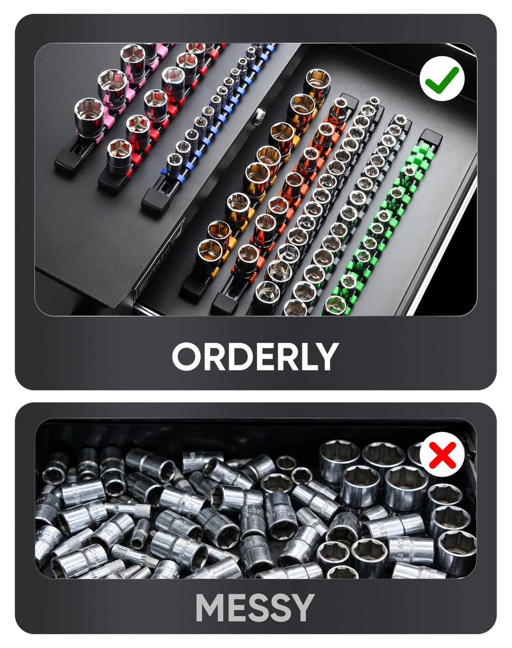 Black socket organizer tray showing neatly organized sockets in rails