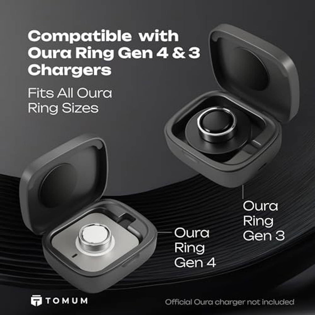 Dark gray charging case with circular cradle and ring placed inside