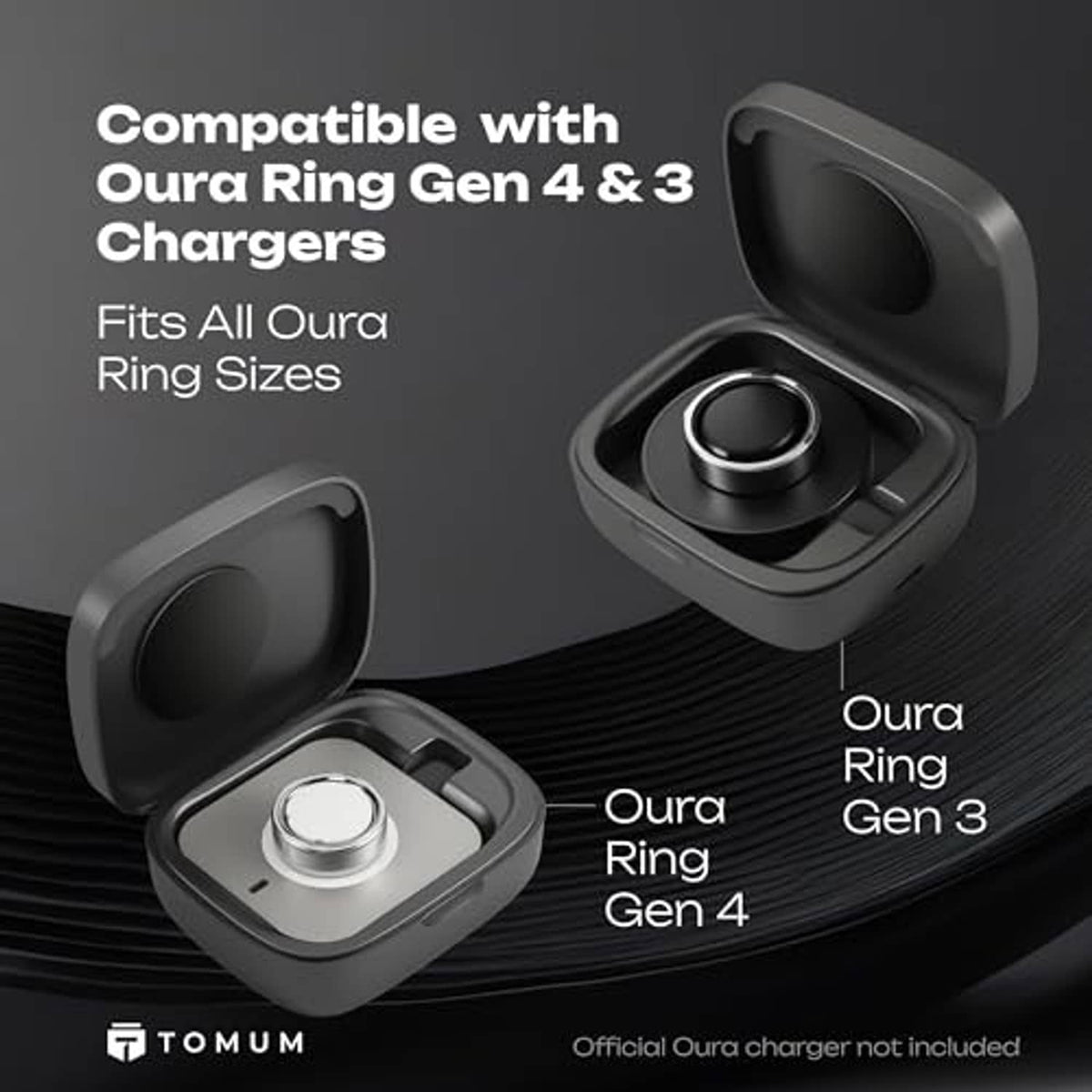 Dark gray charging case with circular cradle and ring placed inside