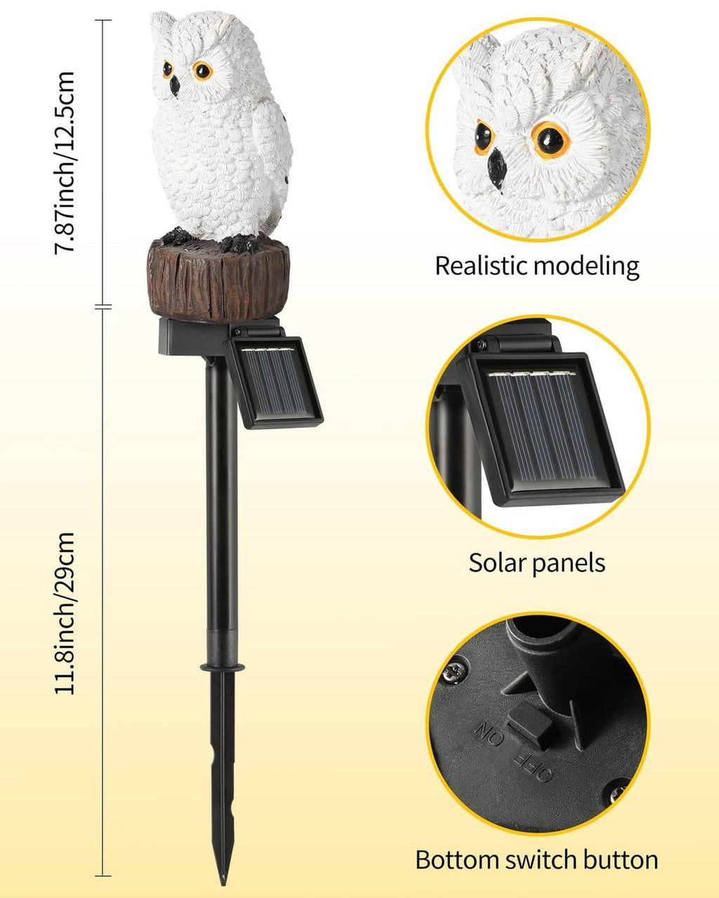Snowy white owl solar garden stake light with solar panel and bottom switch button