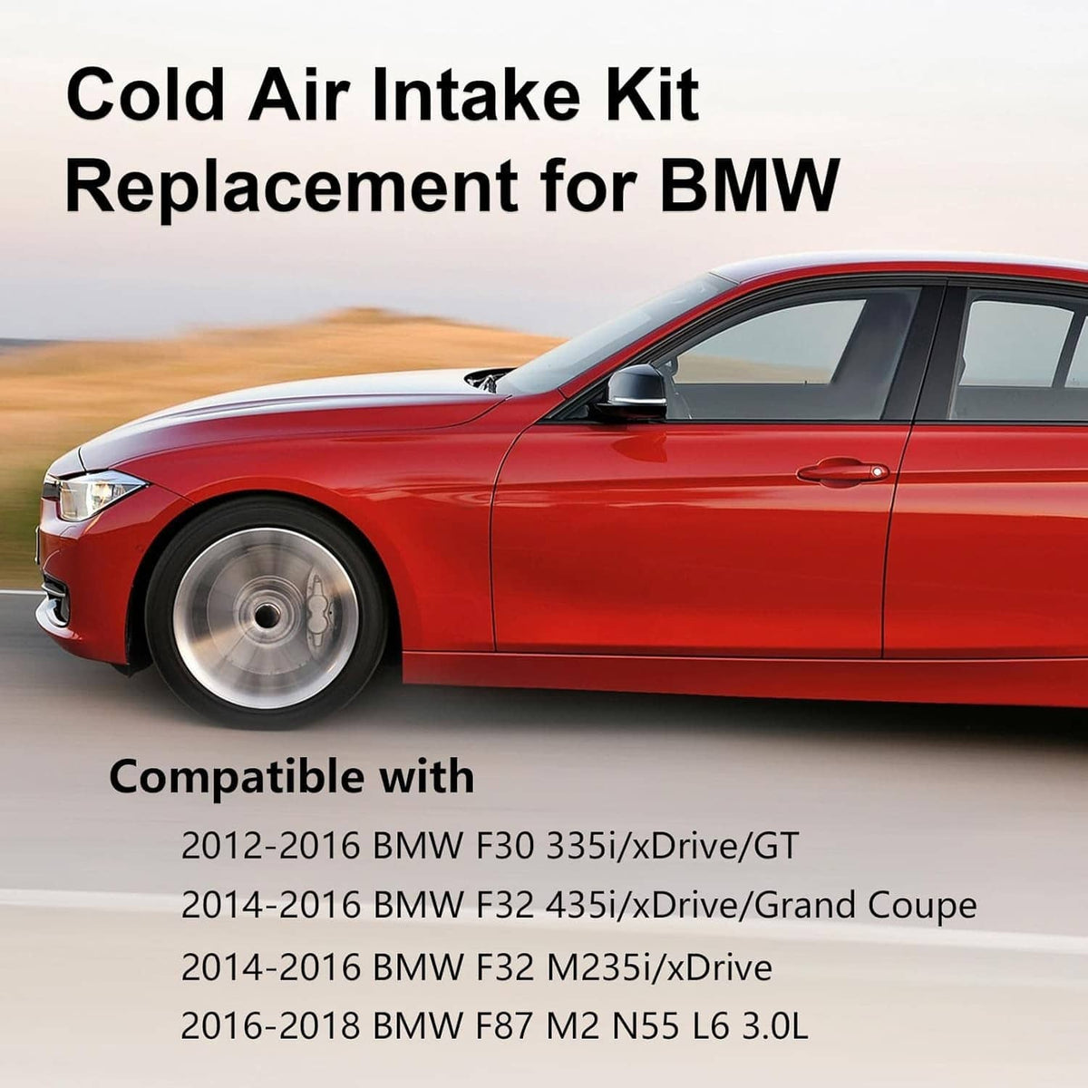 Cold air intake kit replacement shown on a red BMW vehicle
