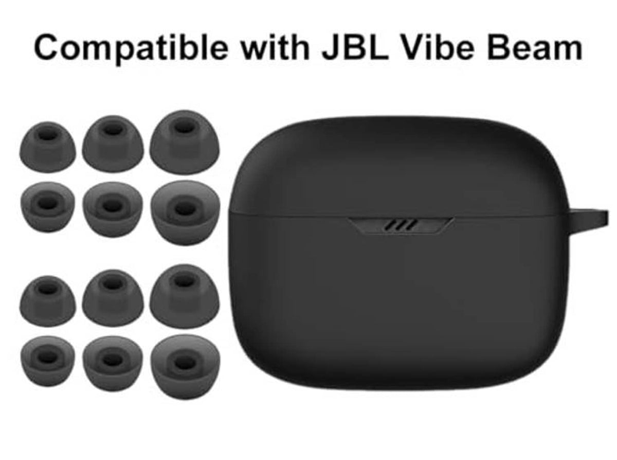 Black silicone earbud case with ear tip cushions set, side view