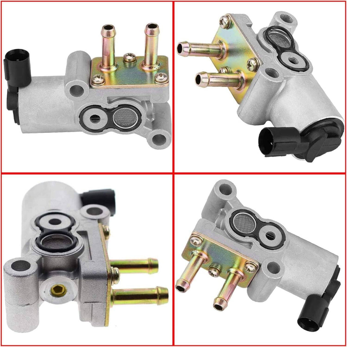 Idle Air Control Valve shown from multiple angles with black connector and gold fittings