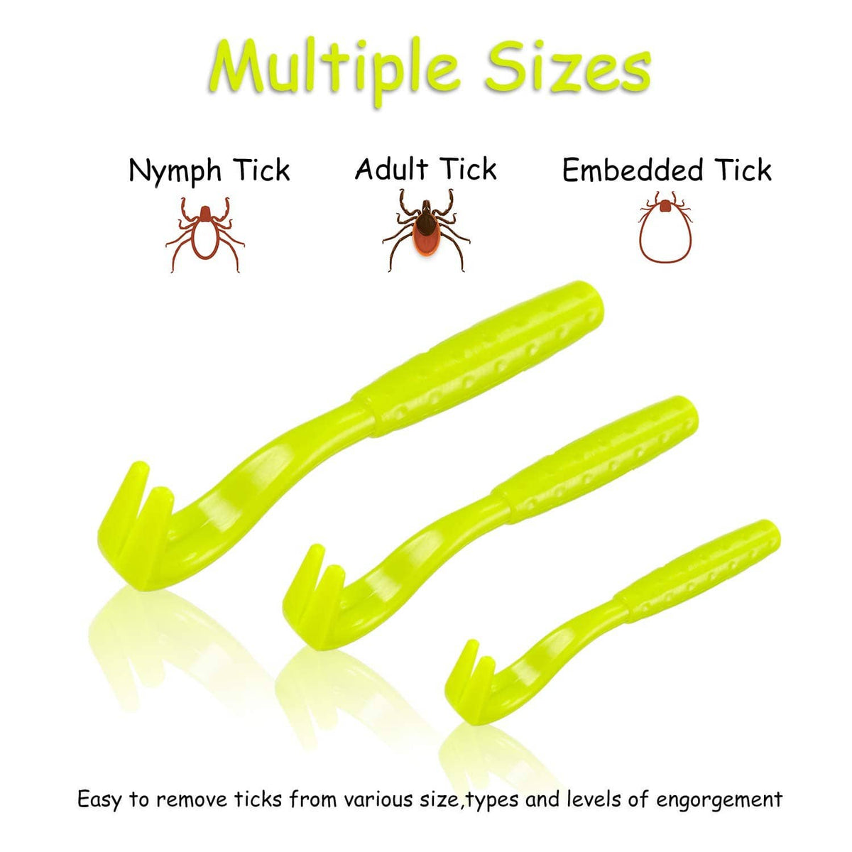 Tick remover set with multiple lime green plastic tools for different tick sizes