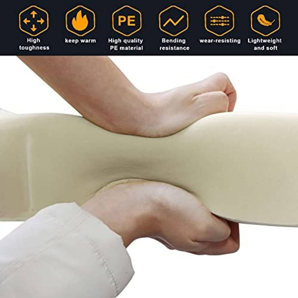 Cream foam seat cushion insert with contoured support, hand pressing on surface