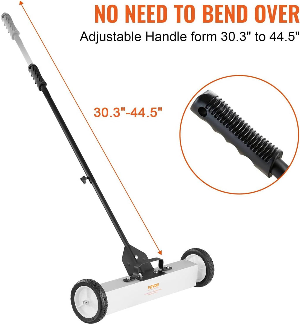 Adjustable handle magnetic sweeper with wheels; long push bar with grip end