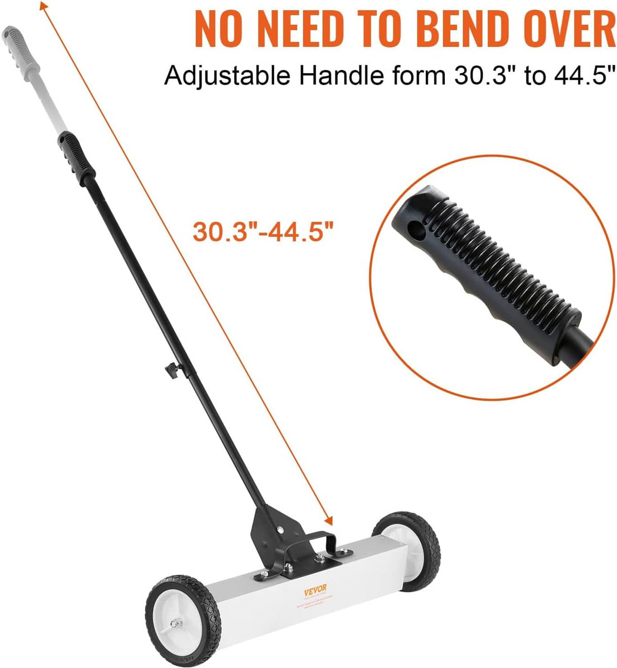 Adjustable handle magnetic sweeper with wheels; long push bar with grip end