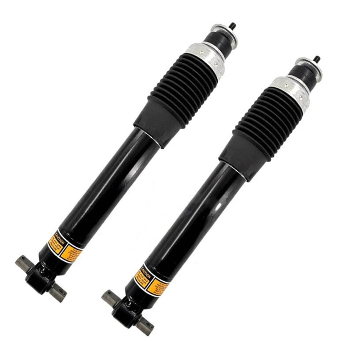 Pair of black shock absorber struts with coil spring and mounting hardware