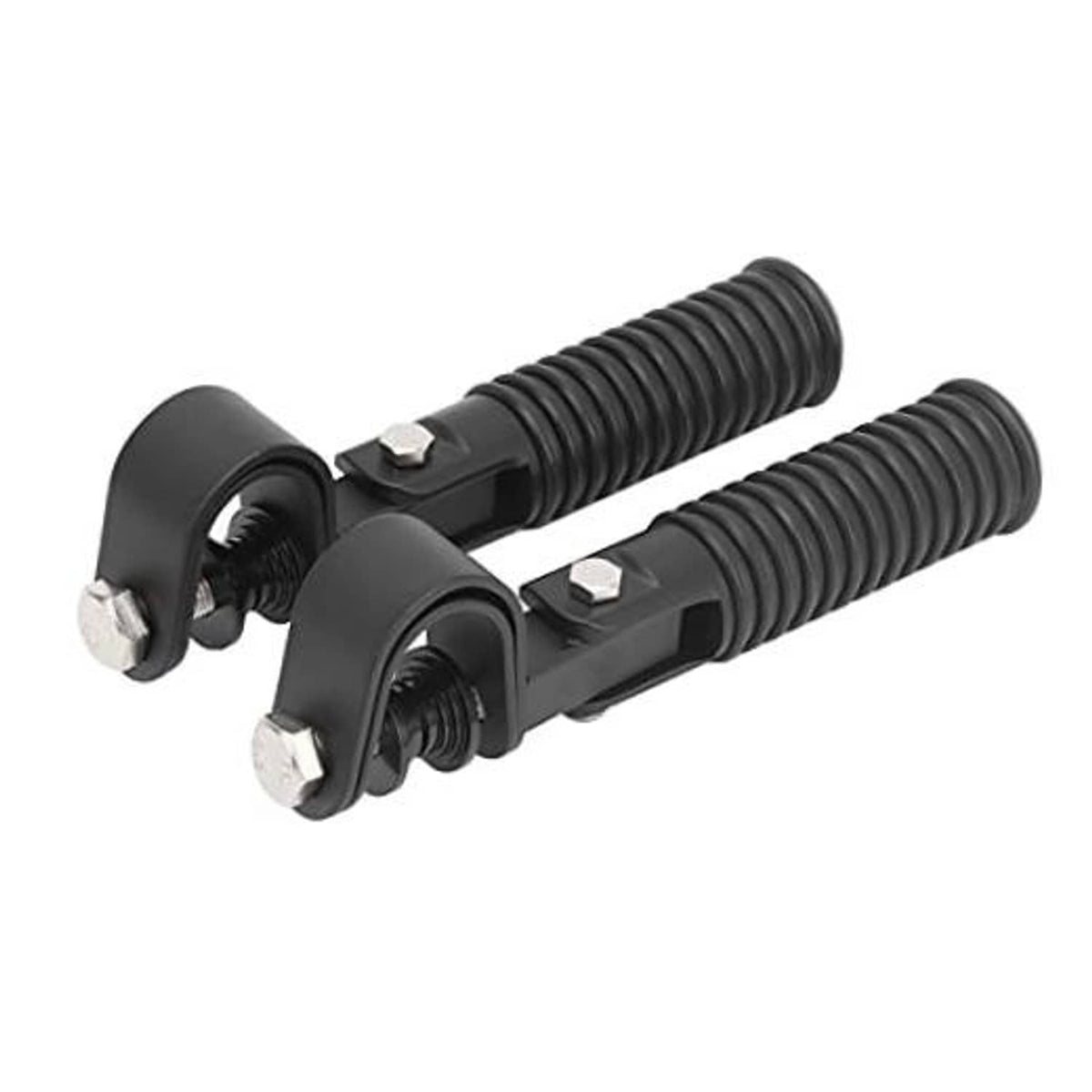 Pair of black foldable motorcycle foot pegs with spring coils and mounting bolts