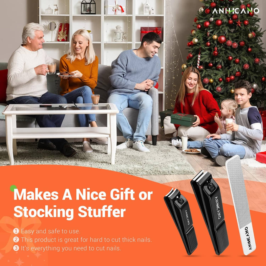 Black nail clipper set and gray glass nail file displayed together