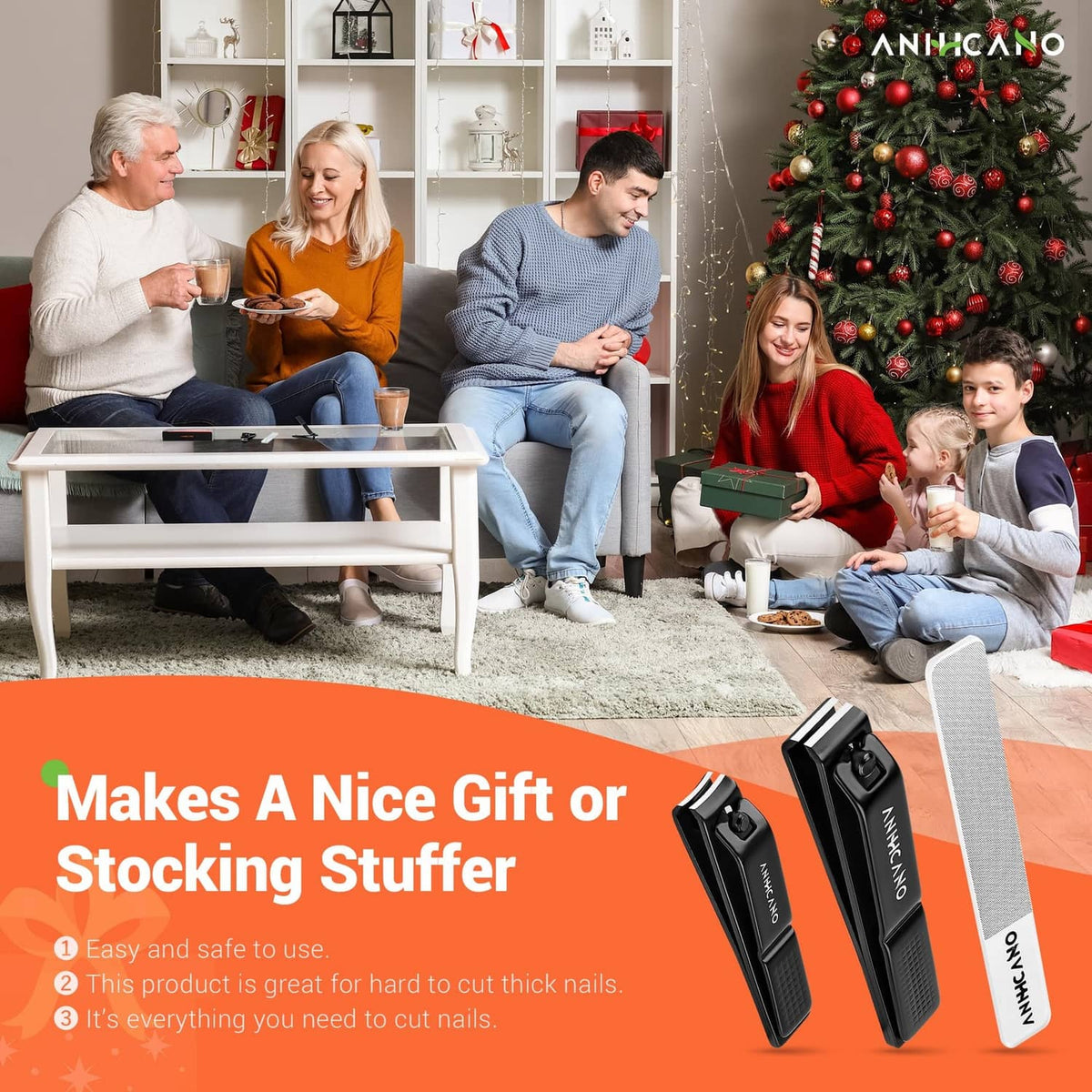 Black nail clipper set and gray glass nail file displayed together