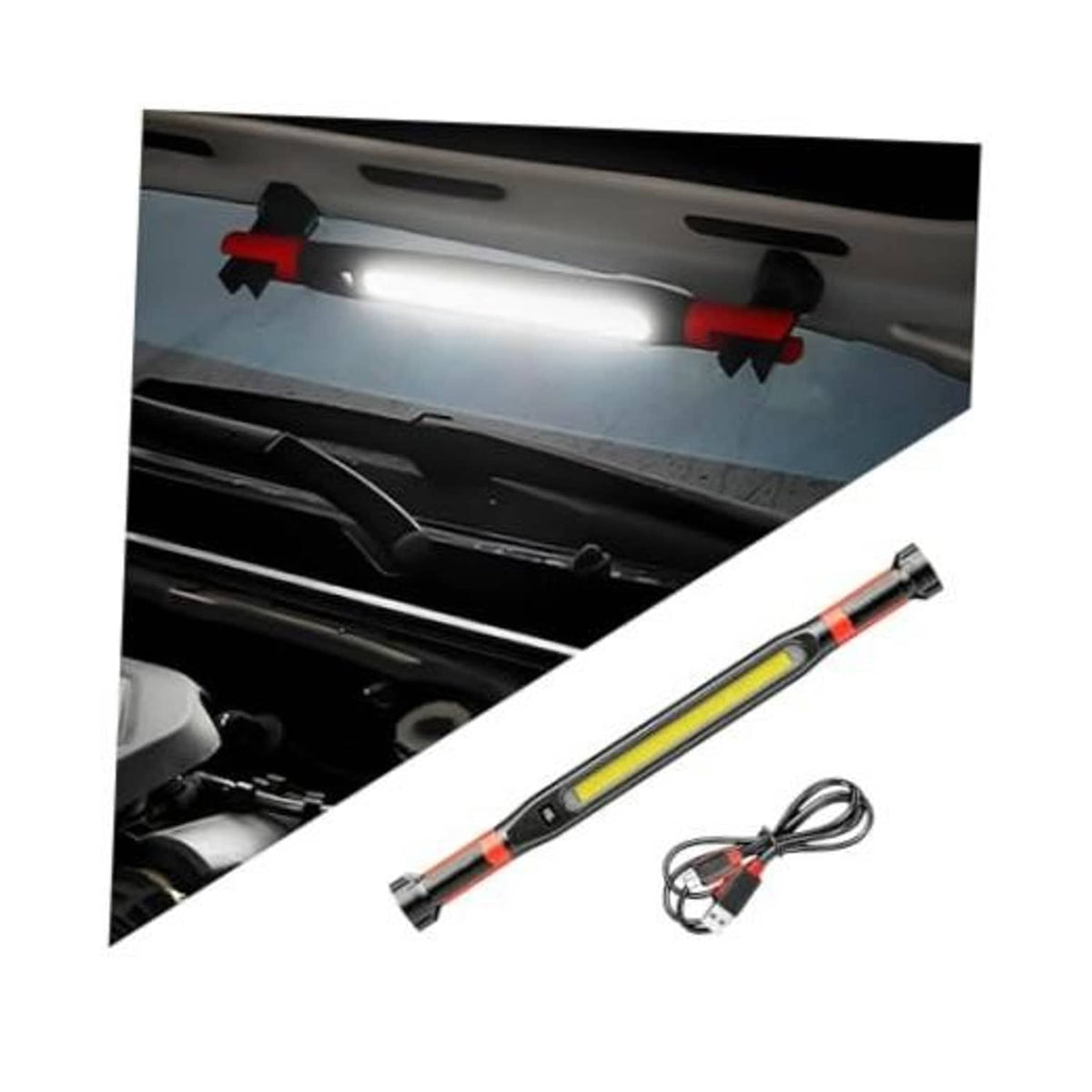 Under-hood work light bar with red magnetic mounts, LED shining in engine bay