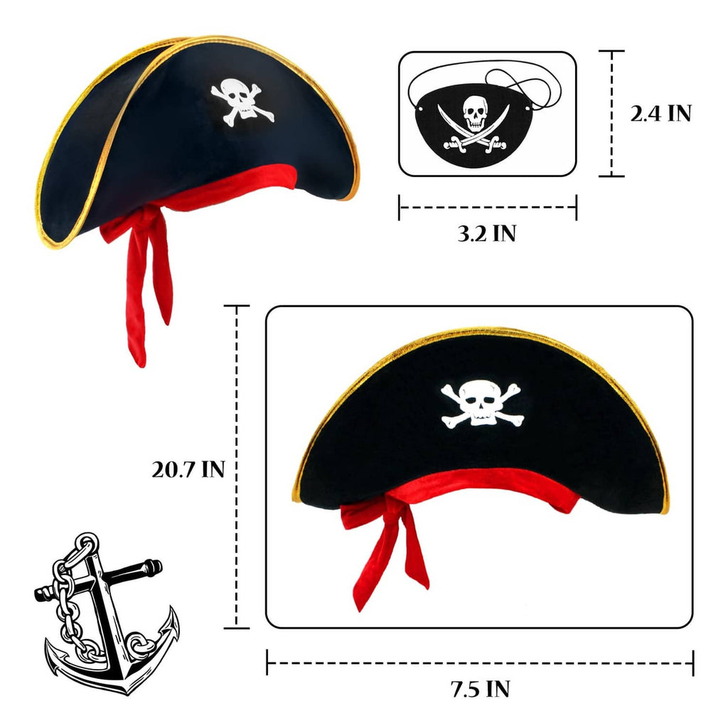 Pirate tricorn hat with skull emblem, red band, gold edge trim, and dangling red ties