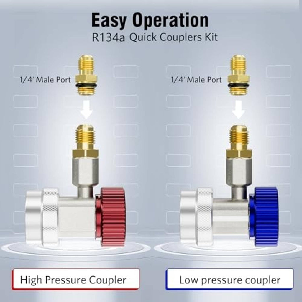 R134a quick couplers kit showing 1/4 male ports and high/low pressure coupler positions