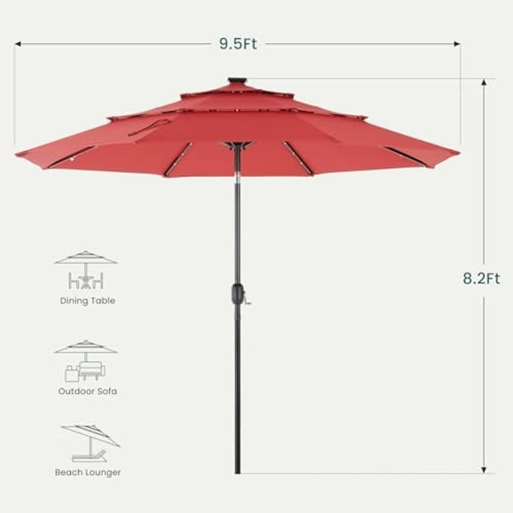 Crimson 3-tier patio umbrella with tall center pole and wide open canopy
