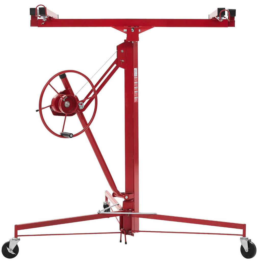 Red drywall lifter hoist with hand crank wheel, locking base and caster wheels
