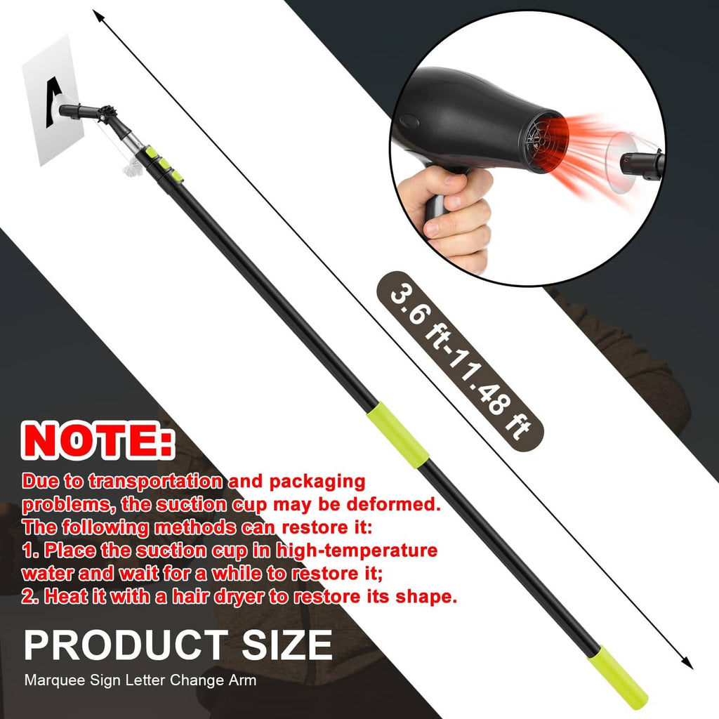 Black readerboard letter change arm with suction end and visible length marking