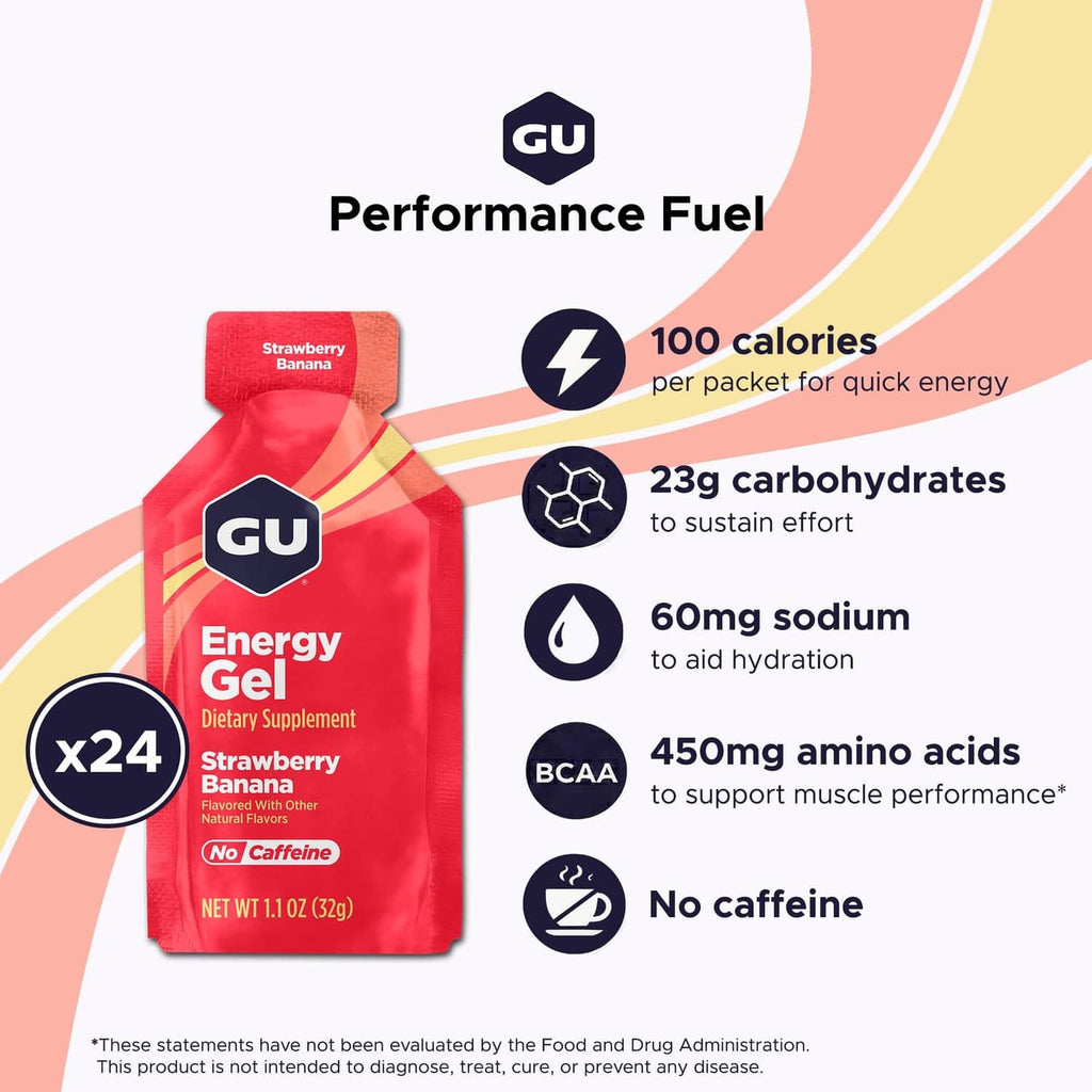 GU Energy gel packet with performance fuel icons: 100 calories, 23g carbs, no caffeine