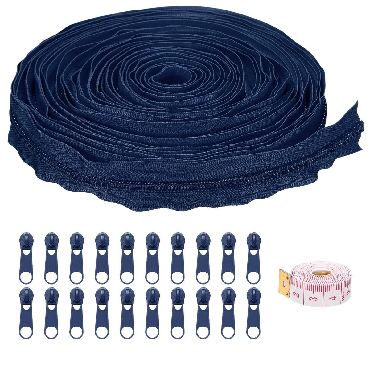 Navy nylon coil zipper tape roll with multiple zipper pulls and tabs, bulk pack