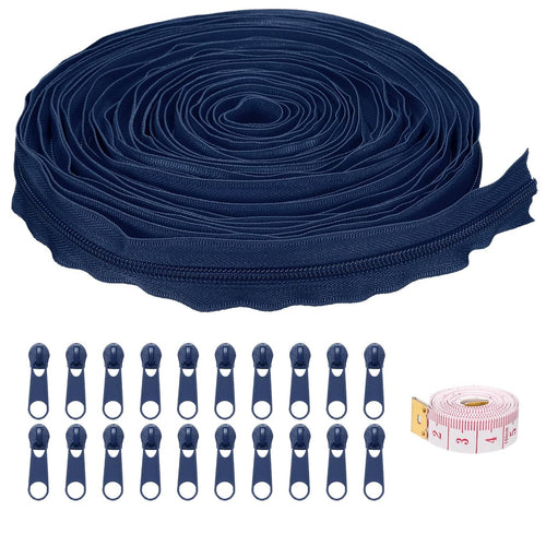 Navy nylon coil zipper tape roll with multiple zipper pulls and tabs, bulk pack